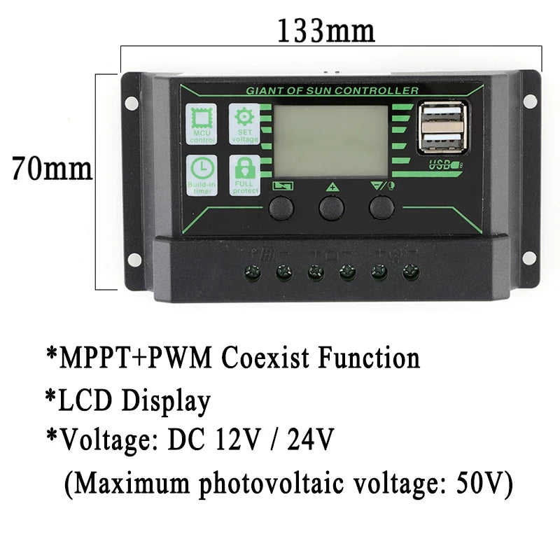 Controlador Carga Solar MPPT 10A-100A 12V/24V Max PV 50V Regulador Panel Dual USB Auto Display