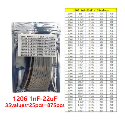 Kit Muestrario Capacitores SMD (1nF-22uF, 6 Valores x 50 Unidades, 0201-1206)