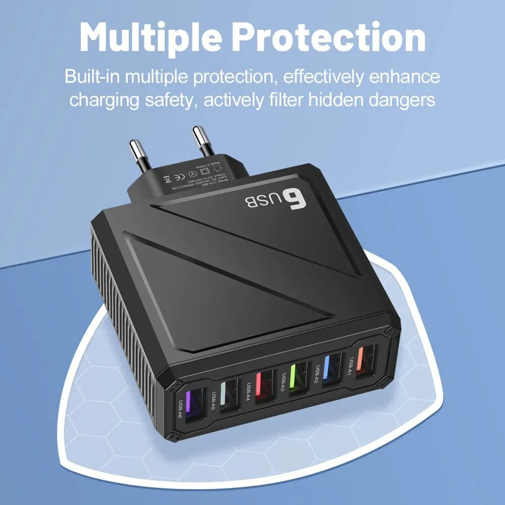 Cargador Pared USB 6 Puertos 3.1A Carga Rápida Adaptador Móvil para iPhone/Samsung/Xiaomi/Huawei