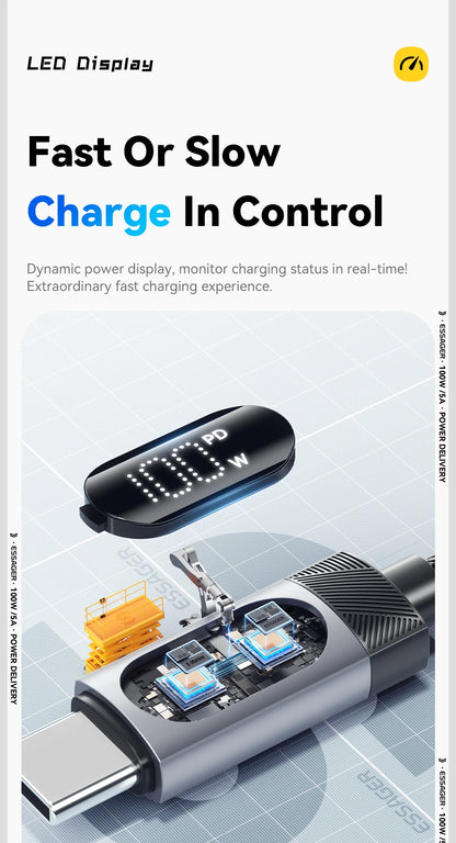 Cable Essager USB-C a Tipo C PD 100W Carga Rápida con Pantalla Digital para iPhone 15/16/Xiaomi/Huawei/Macbook/iPad