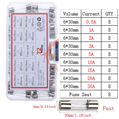 12V-250V Slow Fast Glass Fuse With Lead Wire Mix kit 0.1A 0.25A 0.5A 1A 2A 2.5A 3A 3.15A 4A 5A 6A 6.3A 8A 10A 15A 16A 20A 30A