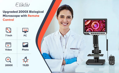 Elikliv EDM11S Digital Microscope 2000X 7" IPS 12MP 1080P Lab Biological Microscope Camera Dual Lens With Remote Control