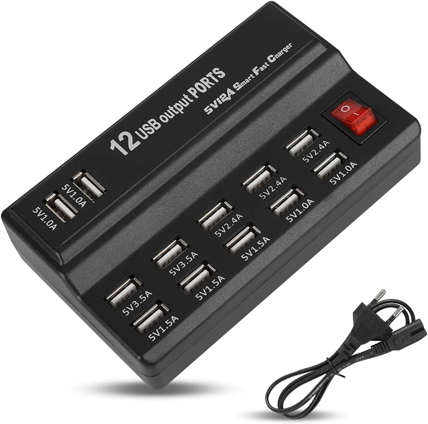 Estación Carga USB Escritorio 12 Puertos Hub Múltiple Adaptador para Teléfono Móvil/Dispositivos USB