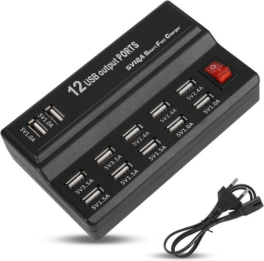 Estación Carga USB Escritorio 12 Puertos Hub Múltiple Adaptador para Teléfono Móvil/Dispositivos USB