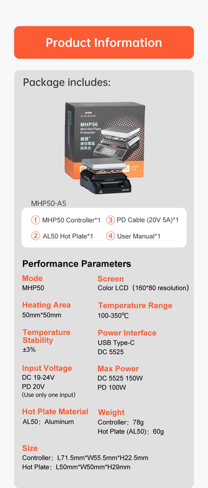 MINIWARE MHP50 Mini Hot Plate Preheater 50*50mm Heating Area Constant Temperature Heating Table 350℃ Intelligent Heating Tool