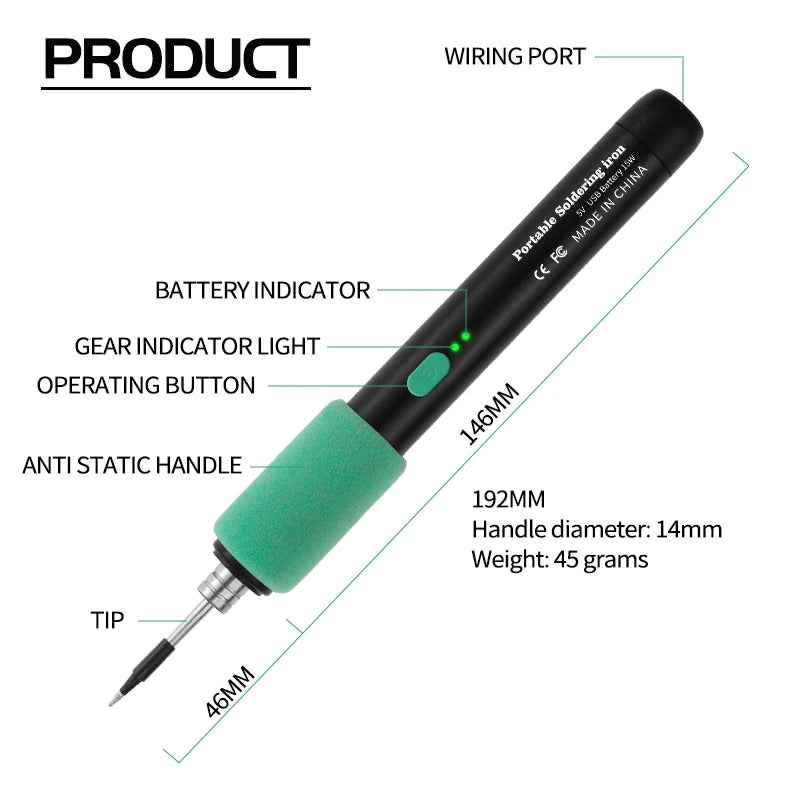 Mini Cautín Inalámbrico USB 15W Recargable (Interfaz Tipo C) Portátil Herramienta Soldadura Reparación