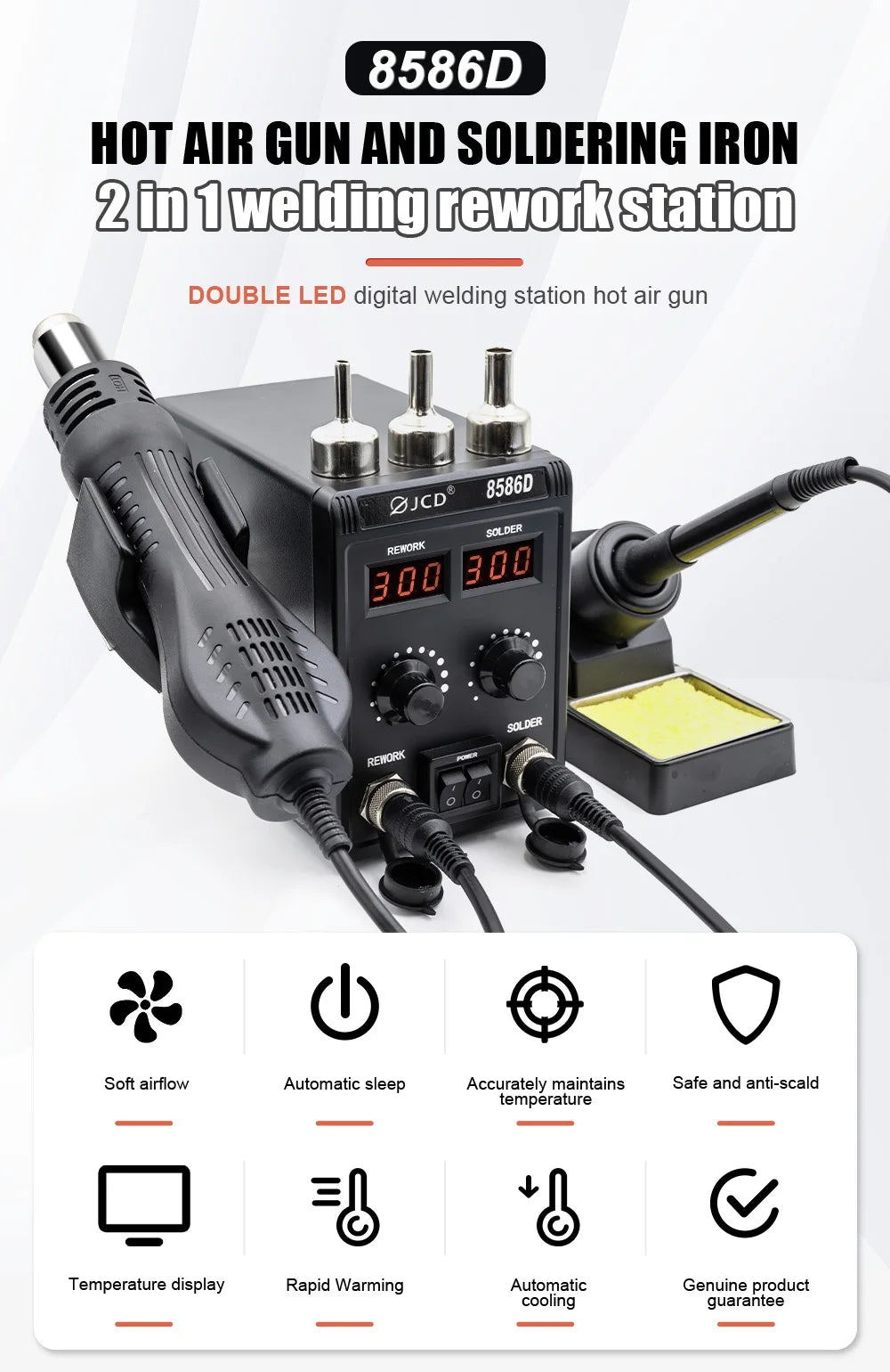 JCD 8586D Soldering Station 2 IN 1 750W Hot Air Gun LCD Dual Digital Display Electric Soldering Iron SMD Welding Rework Station