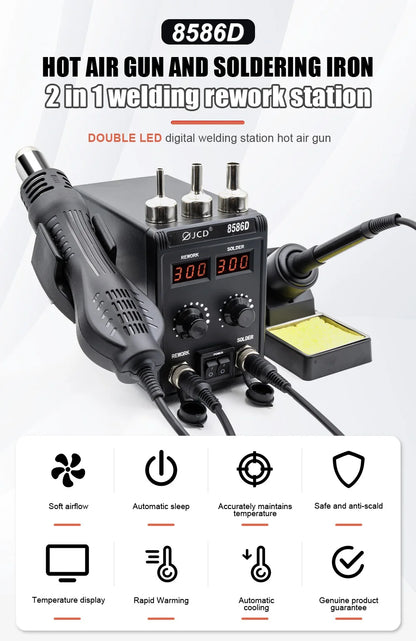 JCD 8586D Soldering Station 2 IN 1 750W Hot Air Gun LCD Dual Digital Display Electric Soldering Iron SMD Welding Rework Station