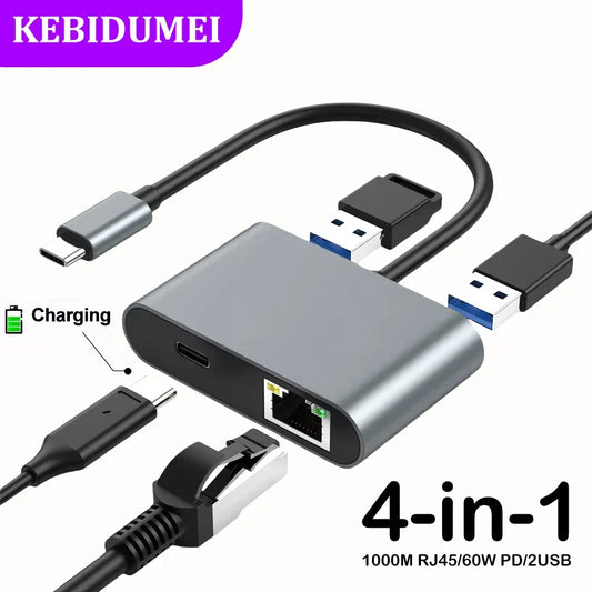 Hub USB-C Docking Station 4-en-1 Tipo-C a RJ45 1000Mbps + PD 60W + USB Adapter Converter para PC/Laptop/MacBook Pro