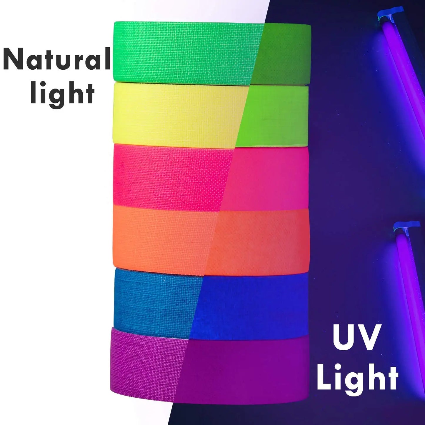 Cinta Tela Neón Fluorescente Gaffer (Brilla Oscuridad UV Blacklight) para Fiesta/Manualidades (Pack 6 Rollos)