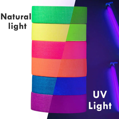 Cinta Tela Neón Fluorescente Gaffer (Brilla Oscuridad UV Blacklight) para Fiesta/Manualidades (Pack 6 Rollos)