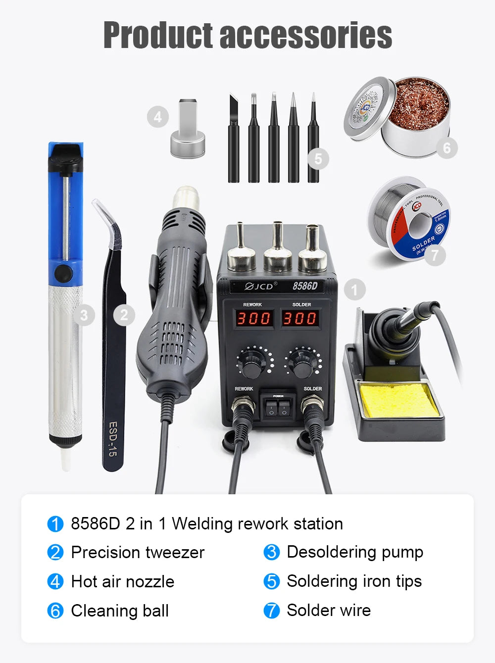 JCD 8586D Soldering Station 2 IN 1 750W Hot Air Gun LCD Dual Digital Display Electric Soldering Iron SMD Welding Rework Station
