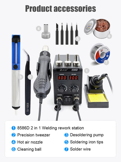 JCD 8586D Soldering Station 2 IN 1 750W Hot Air Gun LCD Dual Digital Display Electric Soldering Iron SMD Welding Rework Station