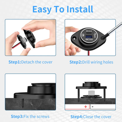 Panel Salida USB RV 12V PD 36W (USB-C) + QC3.0 18W (USB-A) Socket Cargador Auto Carga Rápida