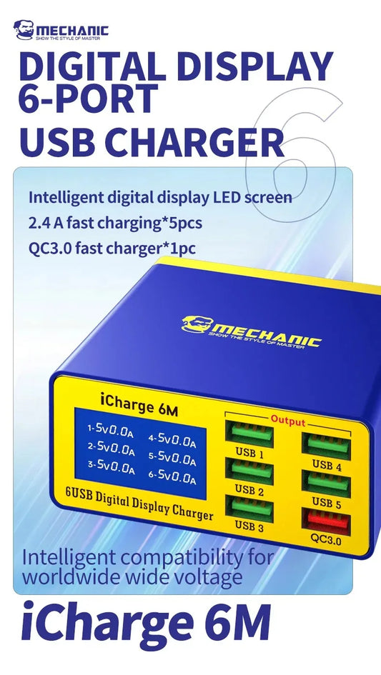 MECHANIC iCharge 6M QC 3.0 USB Smart Charge Support Fast-charging With LCD Digital Display Multi-Port Charger For Tablet Phone