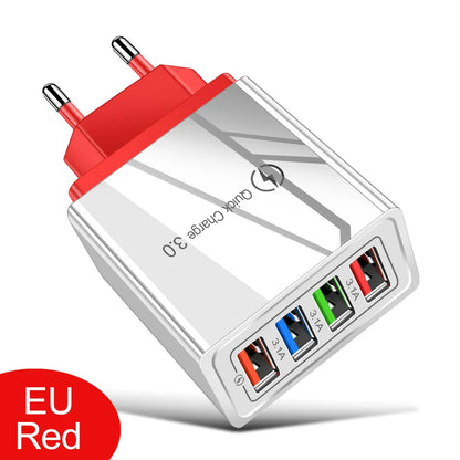 Cargador Pared USB 4 Puertos Quick Charge 3.0 Carga Rápida para iPhone 15/14/Samsung/Xiaomi (Enchufe EU/US)