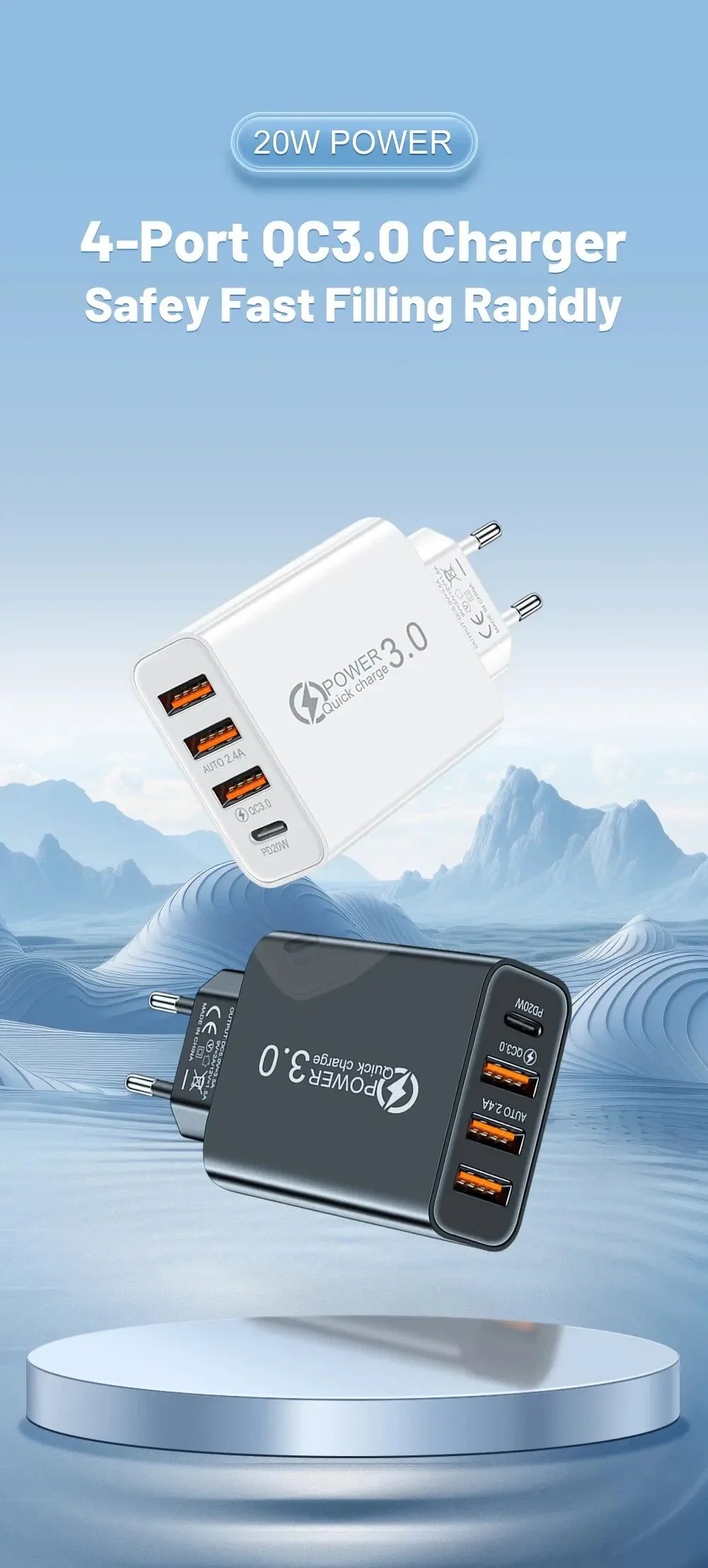 Cargador Pared Múltiple 4 Puertos USB (Total 60W) Carga Rápida PD Tipo C Adaptador Móvil para Xiaomi/iPhone 14/15/Samsung S24