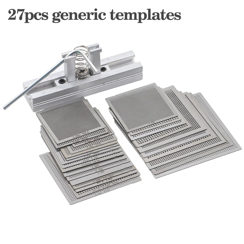 Set Plantillas Stencils BGA Universales (Calor Directo) para Reballing SMT/SMD (10/16/27 Piezas)