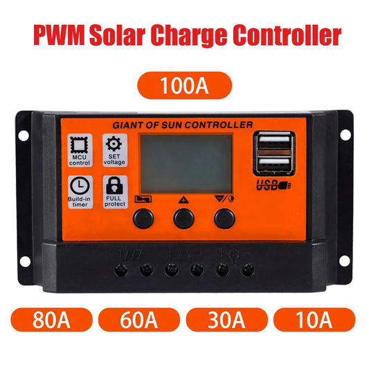 Controlador Carga Solar PWM 30A/60A/100A Auto Dual USB LCD Display 5V Regulador Batería Panel