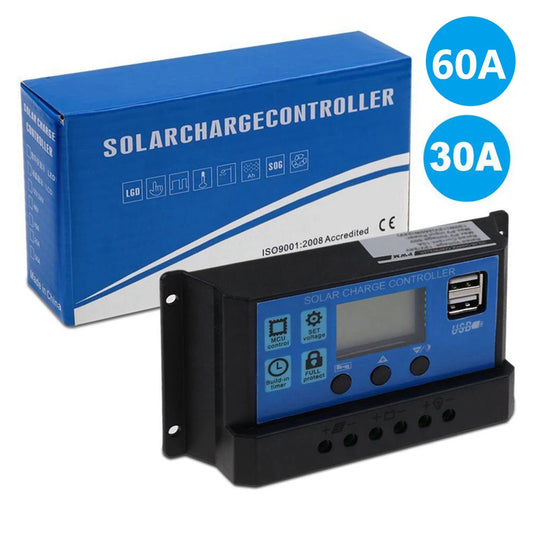 Controlador Carga Solar PWM 30A/50A/60A 12V/24V Auto LCD Dual USB 5V Regulador Panel Batería