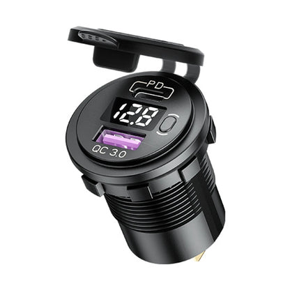 Cargador USB Auto/Camión PD 60W + QC 3.0 con Switch LED Voltímetro 12V/24V Carga Rápida