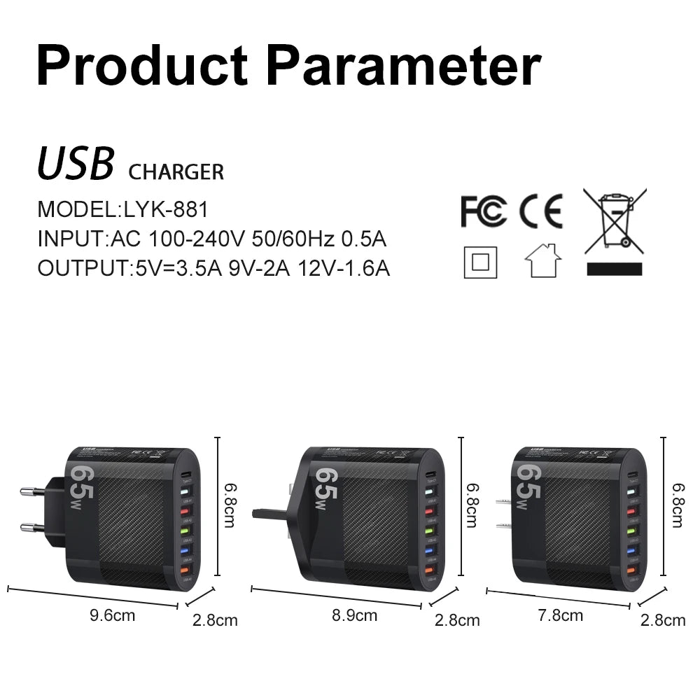 Cargador Pared USB Múltiple 6 Puertos 65W Carga Rápida Alta Velocidad (PD, QC 3.0) Adaptador Móvil para Huawei Mate 60/Xiaomi 13