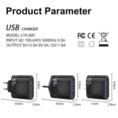 Cargador Pared USB Múltiple 6 Puertos 65W Carga Rápida Alta Velocidad (PD, QC 3.0) Adaptador Móvil para Huawei Mate 60/Xiaomi 13