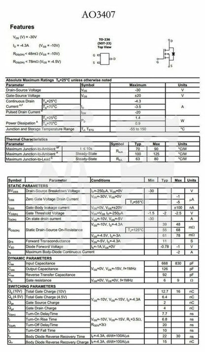 MOSFET Canal-P AO3407 (A79T) SMD SOT-23 -30V 4.3A - Lote 20 Piezas