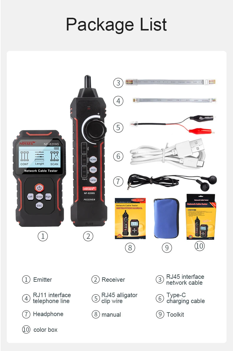 Rastreador Cable Red Noyafa NF-8209S - Tester LAN (Mide Longitud, Wiremap) con Display LCD