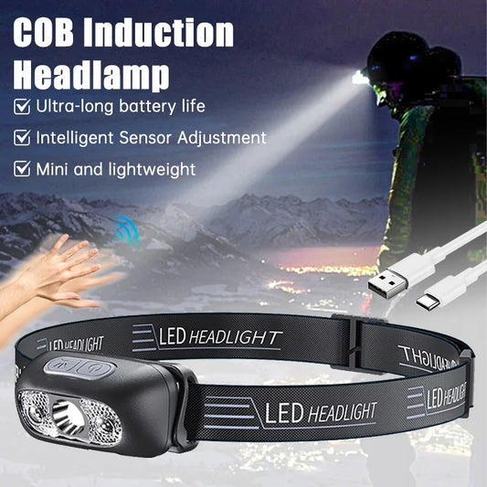 Linterna Frontal LED Portátil Luz Fuerte con Sensor (Recargable USB) para Camping Exterior/Pesca/Emergencia