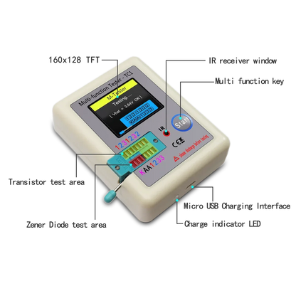 Tester Transistor LCR-TC1 (Pantalla TFT 1.8") - Medidor Multifunción Diodo, Triodo, Capacitor, Resistencia (MOSFET/NPN/PNP/TRIAC)