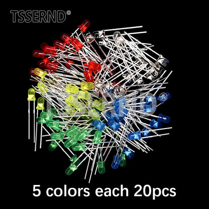 Kit Surtido Diodo LED F3 (3mm) Colores (Blanco/Verde/Rojo/Azul/Amarillo/Naranja/Rosa/Púrpura/Blanco Cálido) DIY (60/100 Piezas)