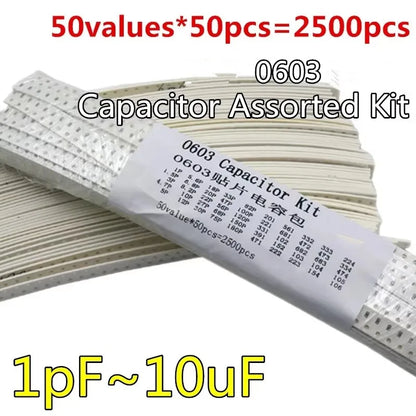 Kit Surtido Capacitores Cerámicos SMD 0603 - 50 Valores (1pF-10uF) x 50 Unidades (Total 2500 Piezas)