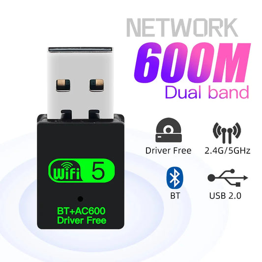 Adaptador Dongle USB 2 en 1 WiFi 600Mbps (2.4G/5G) + Bluetooth 5.0 (Driver Free) Receptor WLAN Inalámbrico