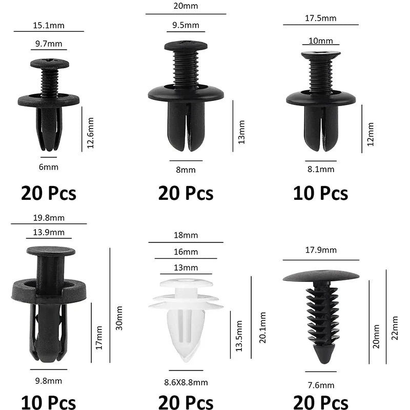 Clips Plásticos Surtidos Sujeción Auto (Remaches Retenedores Fijación Puerta) con Herramientas Desmontaje (100 Piezas)