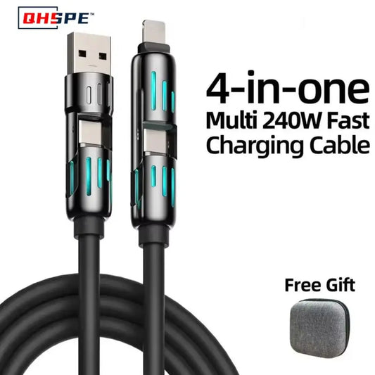 Cable Carga USB Multifunción 4 en 1 MFISH (USB/Tipo C/Lightning, Max 240W) Carga Rápida y Sincronización Datos para iPhone 15/16/iPad