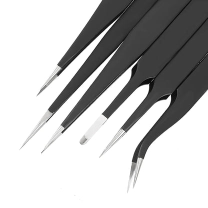 Set Pinzas Precisión Industrial Anti Estáticas Acero Inoxidable (Curva/Recta) para Reparación Reloj/Joyería/Móvil/Electrónica (6 Piezas)