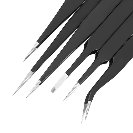 Set Pinzas Precisión Industrial Anti Estáticas Acero Inoxidable (Curva/Recta) para Reparación Reloj/Joyería/Móvil/Electrónica (6 Piezas)
