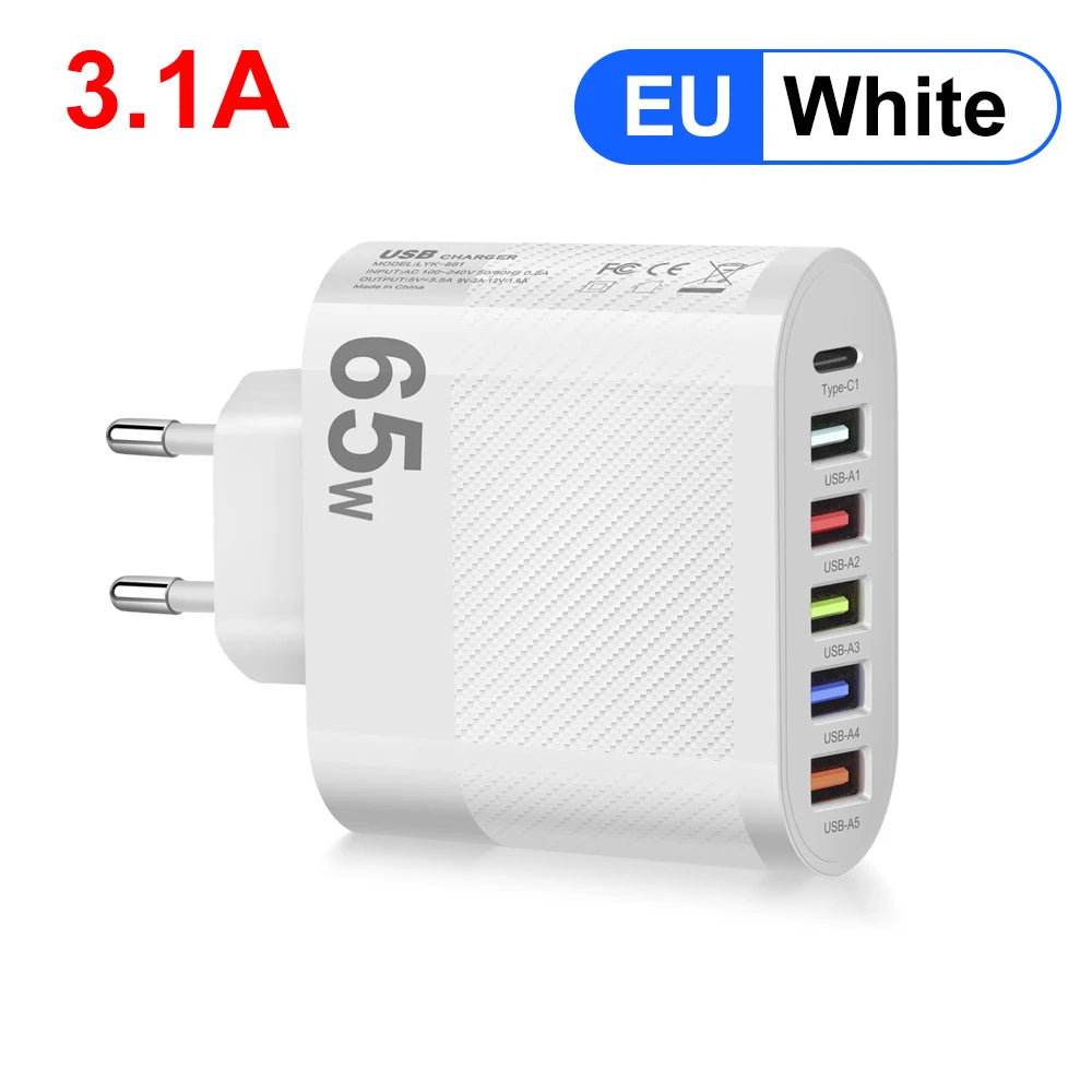 Cargador Pared USB 5 Puertos 3.1A Adaptador Carga PD QC 3.0 para Xiaomi/iPhone 13/Samsung