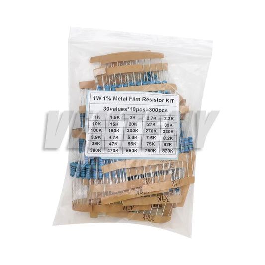Kit Surtido Resistencias Película Metálica 1% (1/2W, 1W, 2W, 3W, 30 Valores, 1R-820K Ohm) (150/300 Piezas)