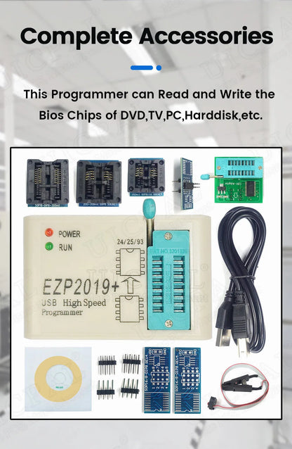 Kit Programador USB Alta Velocidad EZP2019 para EEPROM 24/25/93, Flash 25 BIOS Chip con Socket SOP + Clip