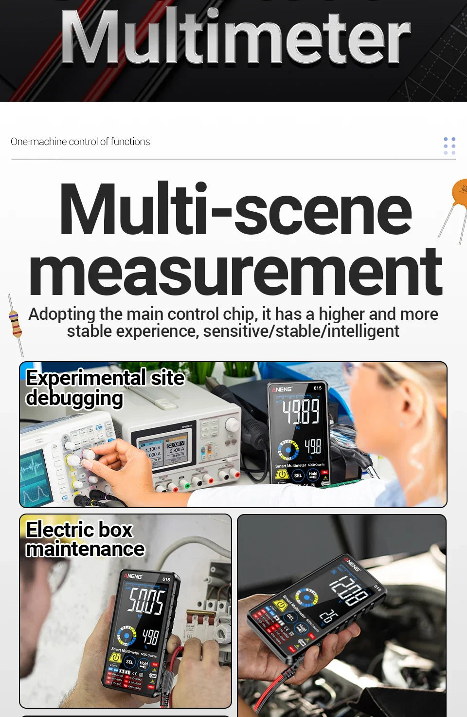 Multímetro Digital Inteligente ANENG AN-615 - Táctil Recargable (6000 Cuentas) Tester Voltaje/Corriente AC/DC