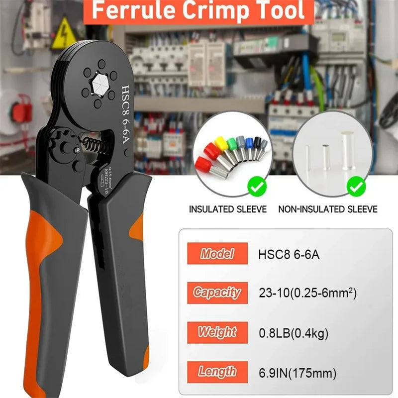 Kit Herramienta Crimpado Terminales Ferrules Hexagonal Autoajustable (23-10AWG, 0.25-6mm²) con 400-2000 Terminales Cable