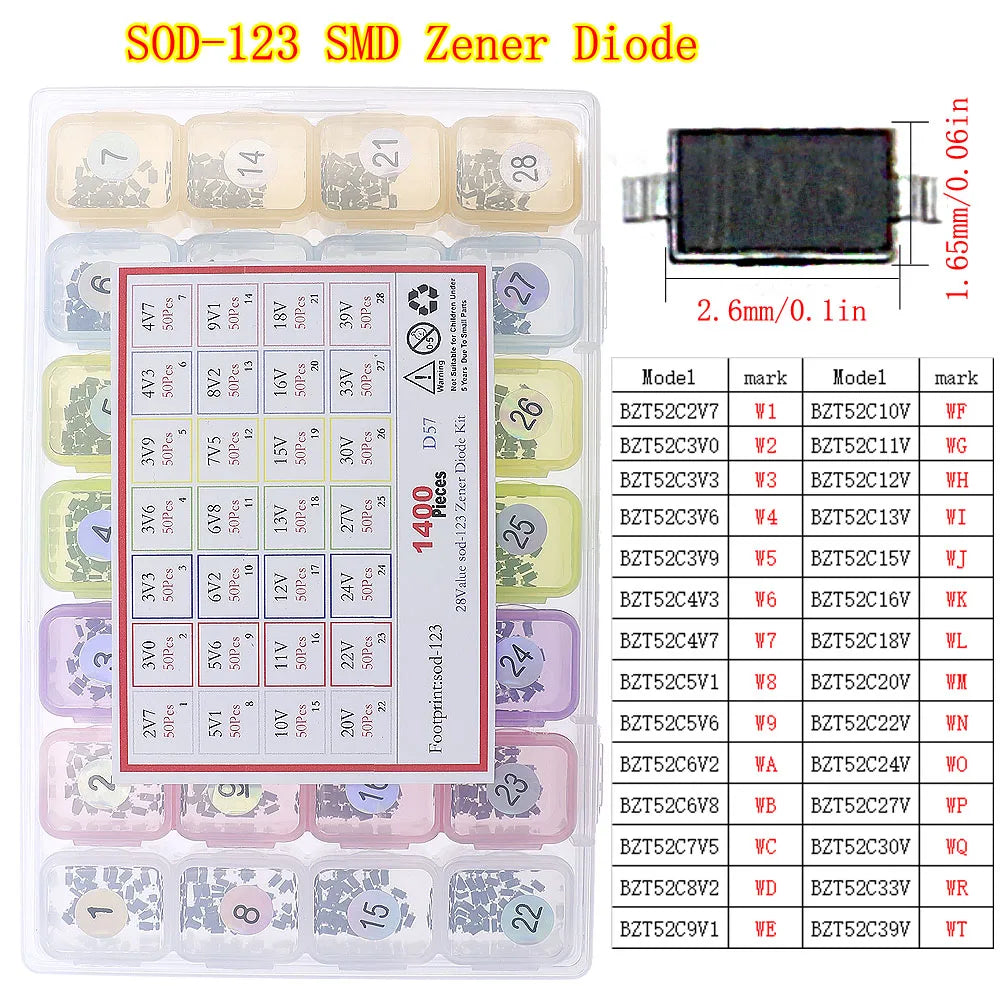 Kit Surtido Diodos (Rectificador/Zener/Schottky/Switching) DIP/SMD (1N4148, 1N4007, 1N5819, etc.)
