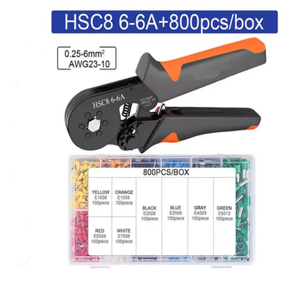 Kit Herramienta Crimpado Terminales Ferrules Hexagonal Autoajustable (23-10AWG, 0.25-6mm²) con 400-2000 Terminales Cable