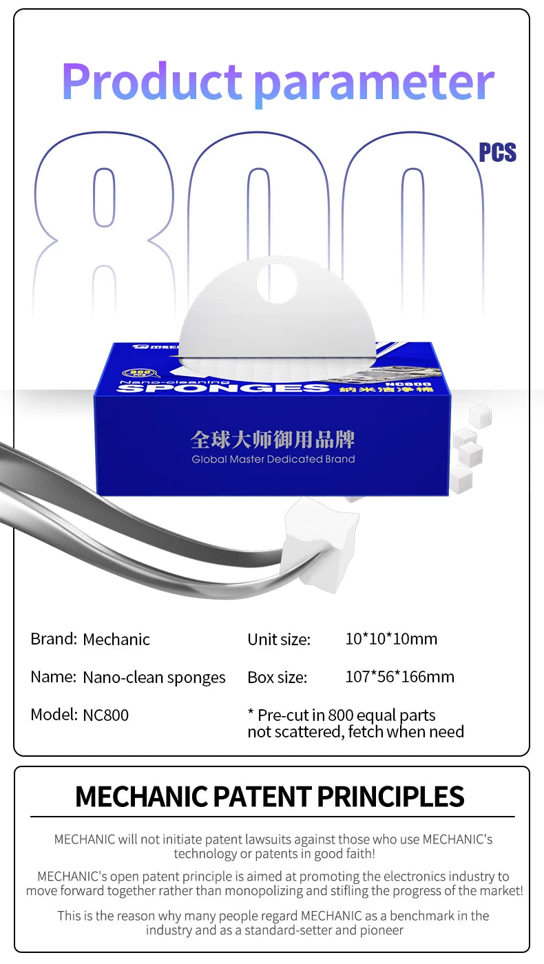 Esponja Limpieza Nano Mechanic NC800 (Sin Residuos) para Pantalla Teléfono/PCB/Vidrio Trasero/Cámara/Flux Soldadura