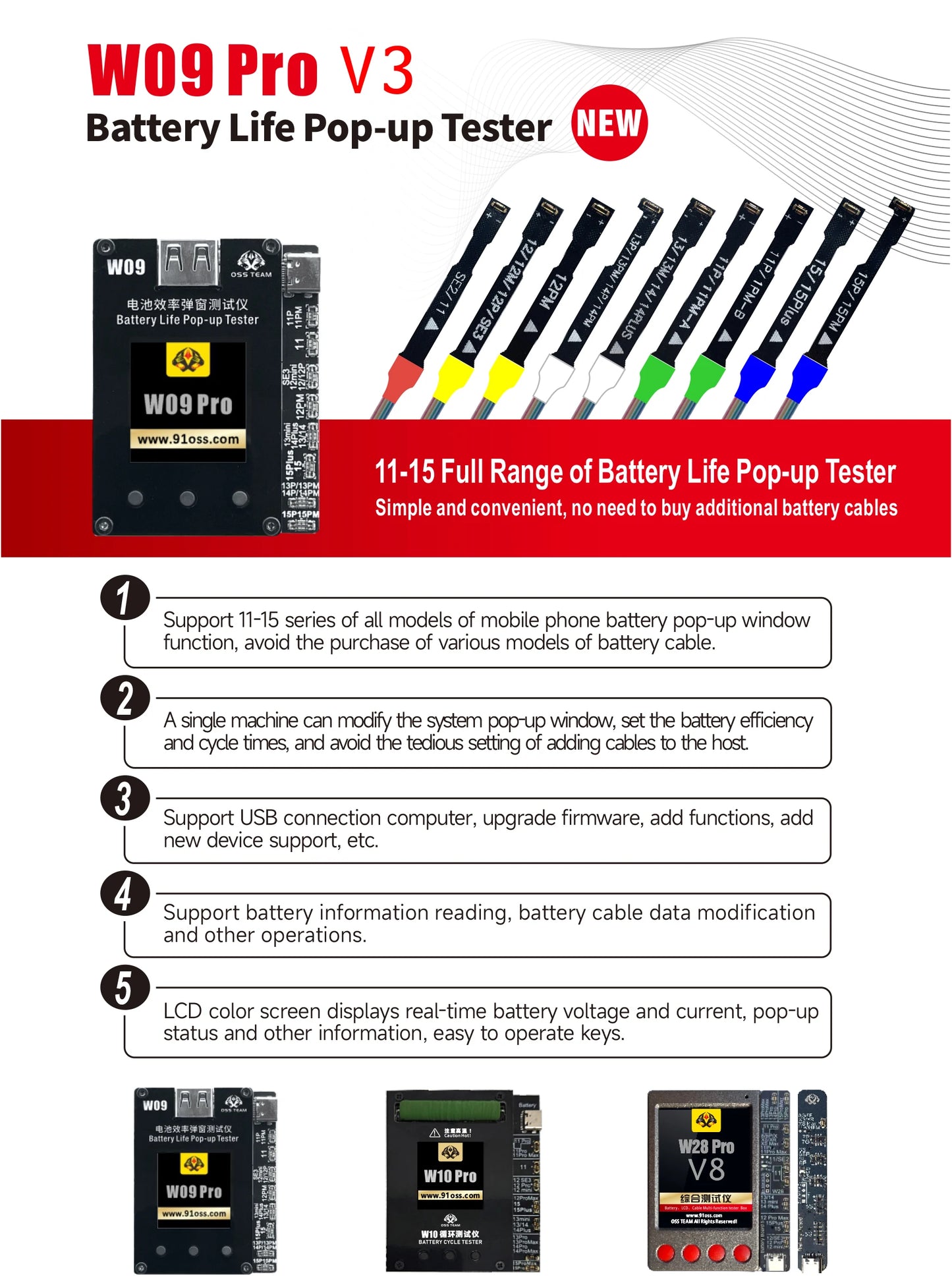 OSS W09 Pro V3 Battery Life Pop-up Tester for iPhone11-15PM Detection Modify Battery Efficiency 100% Cycle Health Data Tool