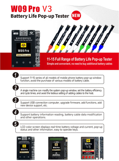 OSS W09 Pro V3 Battery Life Pop-up Tester for iPhone11-15PM Detection Modify Battery Efficiency 100% Cycle Health Data Tool