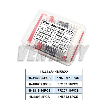 Kit Surtido Diodos THT (Rectificador/Schottky/Switching) - Varios Tipos (1N400x, 1N58xx, FRxxx, etc.) - 100/200 Piezas