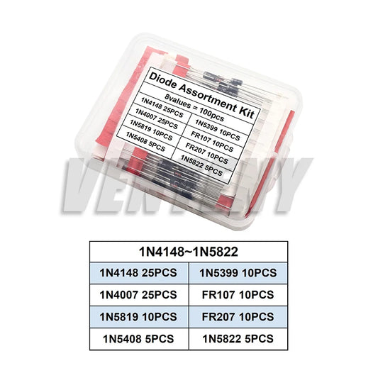 Kit Surtido Diodos THT (Rectificador/Schottky/Switching) - Varios Tipos (1N400x, 1N58xx, FRxxx, etc.) - 100/200 Piezas